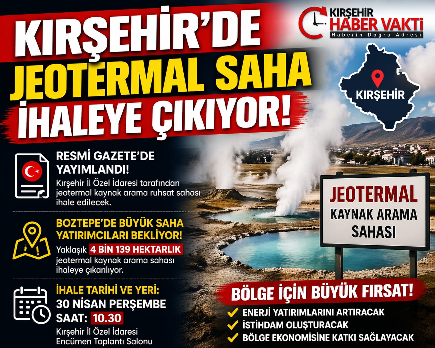 KIRŞEHİR’DE JEOTERMAL SAHA İHALEYE ÇIKIYOR