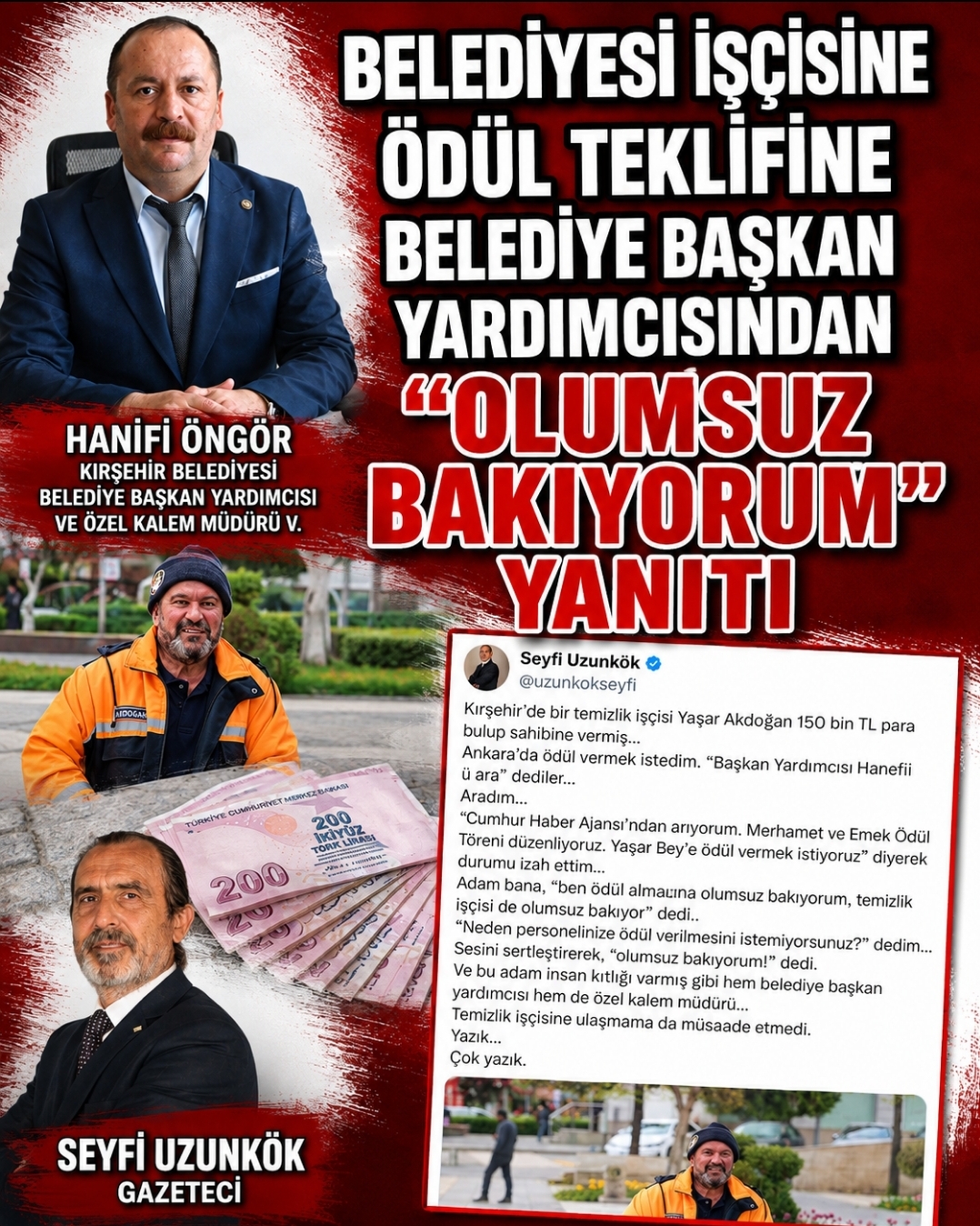 DÜRÜSTLÜĞÜYLE TAKDİR TOPLAYAN BELEDİYE İŞÇİSİNE ÖDÜL TARTIŞMASI